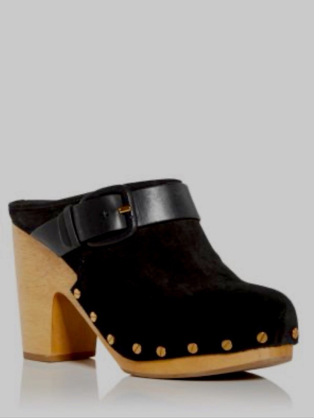 NWOT Veronica Beard Black Suede Wooden Clog Mule with Buckle
